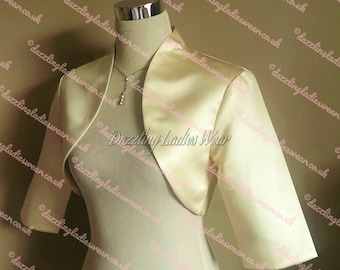 Light Gold / Champagne Satin Bolero Fully Lined - UK 4-26/US 1-22 Shrug/Cropped Jacket/Wrap/Shawl/Stole/Tippet