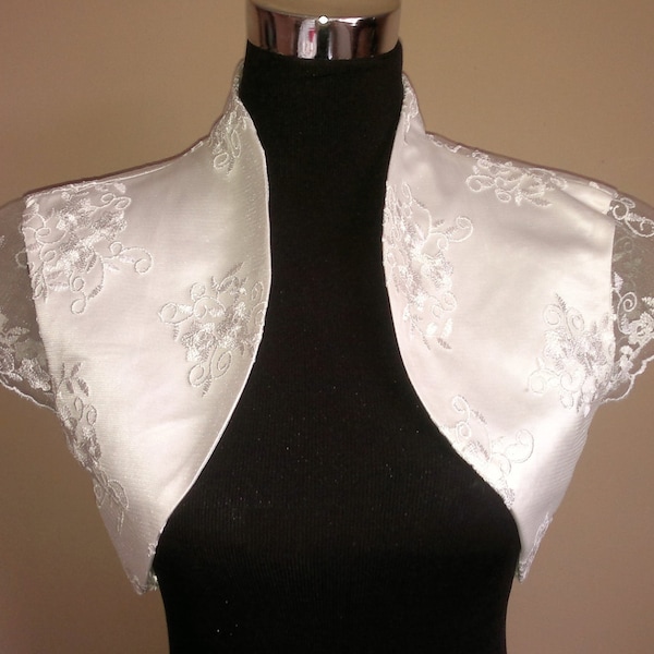 Lace & Satin Bolero / Shrug / Wedding Bridal Jacket / Wrap Fully Lined - UK 4-26 - Colours available : Ivory, White