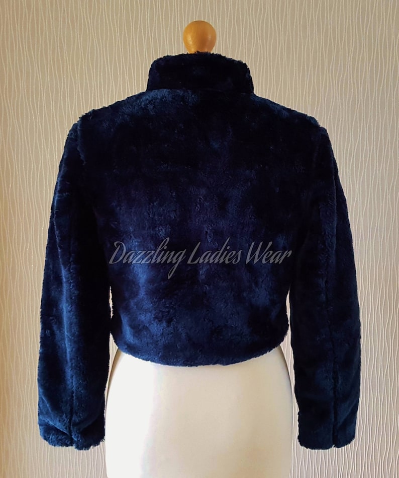 Navy Blue Long Sleeved Faux Fur Bolero / Shrug / Jacket / Shawl / Wrap / Weddings Satin Lining UK 4-26 zdjęcie 3