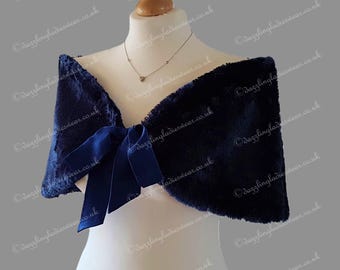 Estola de piel sintética azul marino/azul oscuro con cinta, tallas 8-20 (Reino Unido)/4-16 (EE. UU.), bolero/bolero/chaqueta/chal/chal, forro de satén