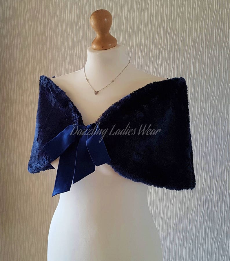 Navy / Dark Blue Faux Fur Stole With Ribbon UK 8-20/ US 4-16 / Bolero / Shrug / Jacket / Shawl / Wrap / Satin Lining image 2