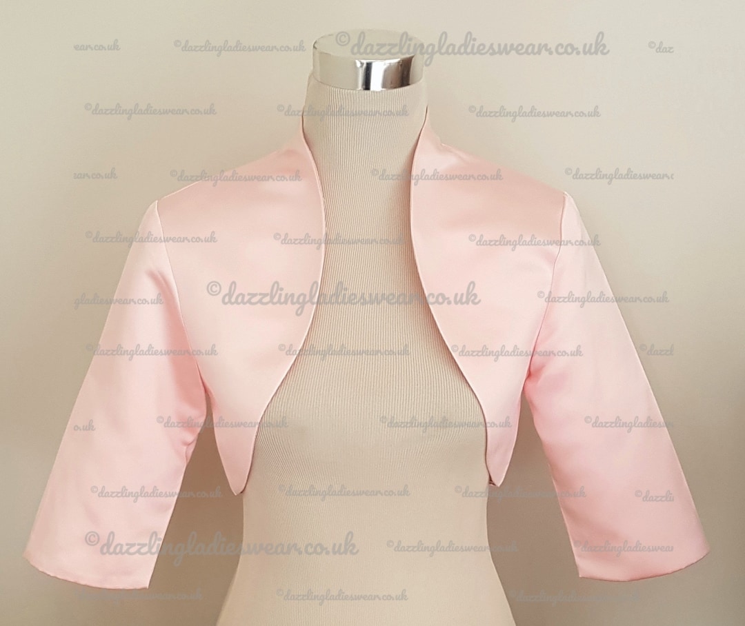 Light Pink Satin Bolero / Shrug / Cropped Jacket Fully Lined UK 224/US 020 3/4 Sleeves Formal