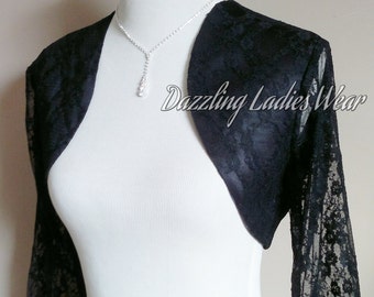 Schwarze Spitze & Satin Bolero 3/4 Ärmel / Shrug / Jacke / Schal / Stola/Wrap Voll gefüttert - UK 4-26 / US 1-22 - Formell/Hochzeit/Braut/Abend