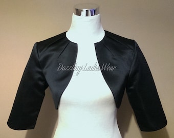 Schwarzer Satin Bolero gefüttert - UK 4-26 / US 1-22 Shrug/Cropped Jacke/Wrap/Schal/Stola/Tippet - Plisseer Hals