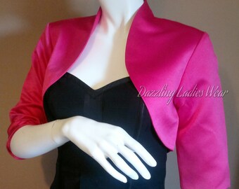 Pink Satin Bolero / Shrug / Cropped Jacket Fully Lined - UK 4-26/US 1-22 3/4 Sleeves - Formal/Wedding/Bridal