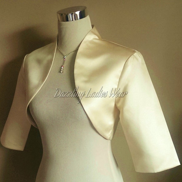 Light Gold / Champagne Satin Bolero Fully Lined - UK 4-26/US 1-22 Shrug/Cropped Jacket/Wrap/Shawl/Stole/Tippet