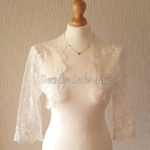 Ivory Embroidered Floral Lace Bolero 3/4 Sleeves / Shrug / Wedding Cropped Jacket / Wrap / Shawl - UK 6-28, US 2-24, EUR 34-56