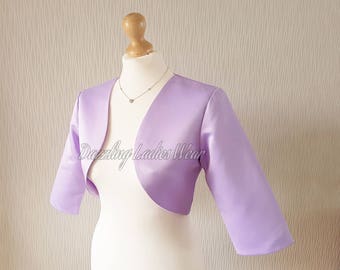 Light Purple Satin Bolero / Shrug / Cropped Jacket Fully Lined - UK 4-26/US 1-22 3/4 Sleeves - Formal/Wedding/Bridal