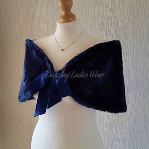 Navy / Dark Blue Faux Fur Stole With Ribbon UK 8-20/ US 4-16 / Bolero / Shrug / Jacket / Shawl / Wrap Satin Lining image 1