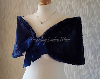 Navy / Dark Blue Faux Fur Stole With Ribbon UK 8-20/ US 4-16 /  Bolero / Shrug / Jacket / Shawl / Wrap  Satin Lining