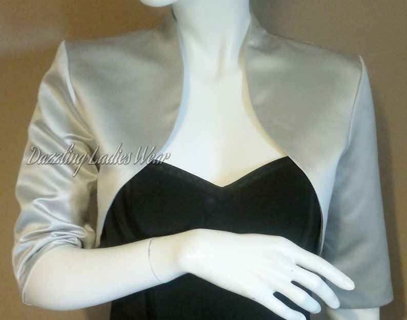 Light Silver/Grey Satin Bolero / Shrug / Cropped Jacket Fully Lined UK 4-26/US 1-22 3/4 Sleeves Formal/Wedding/Bridal image 1