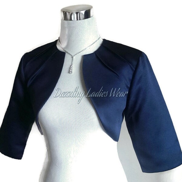 Navy/Dark Blue Satin Bolero Fully Lined - UK 4-26/US 1-22 Shrug/Cropped Jacket/Wrap/Shawl/Stole/Tippet - Pleated neck