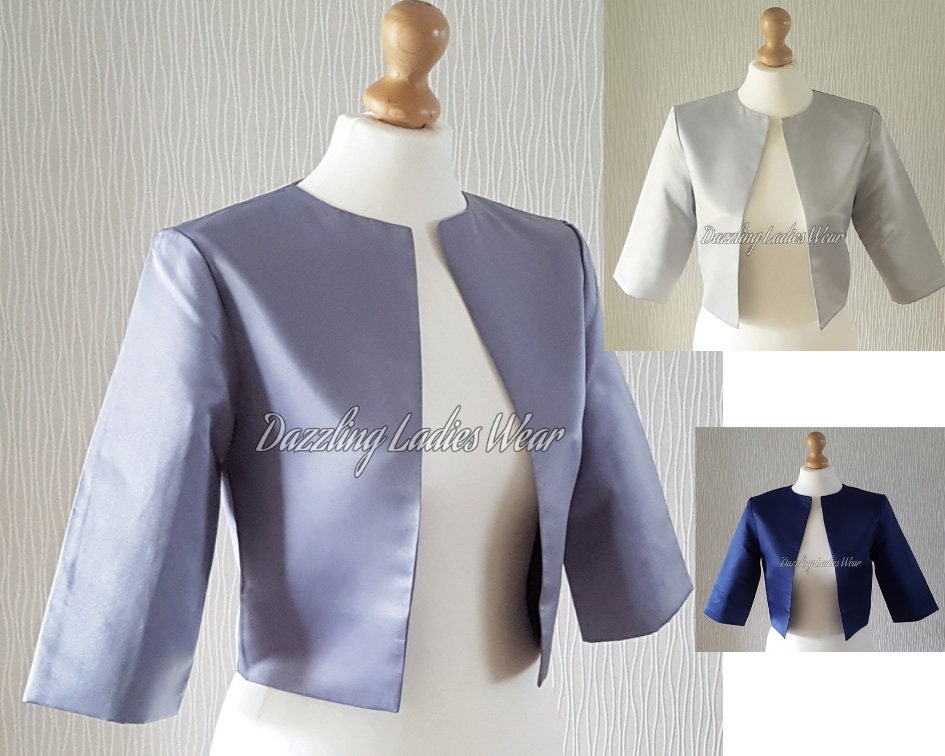 Image of Satin Bolero/Shrug Cropped Jacket /Wrap/Shawl Lined - Uk - Us - # Light Silver Mid Grey Navy Blue