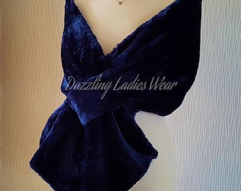 Navy Dark Blue Soft Faux Fur Stole / Wrap / Shawl / Bolero / Shrug - Satin Lining Weddings/bridal/Formal
