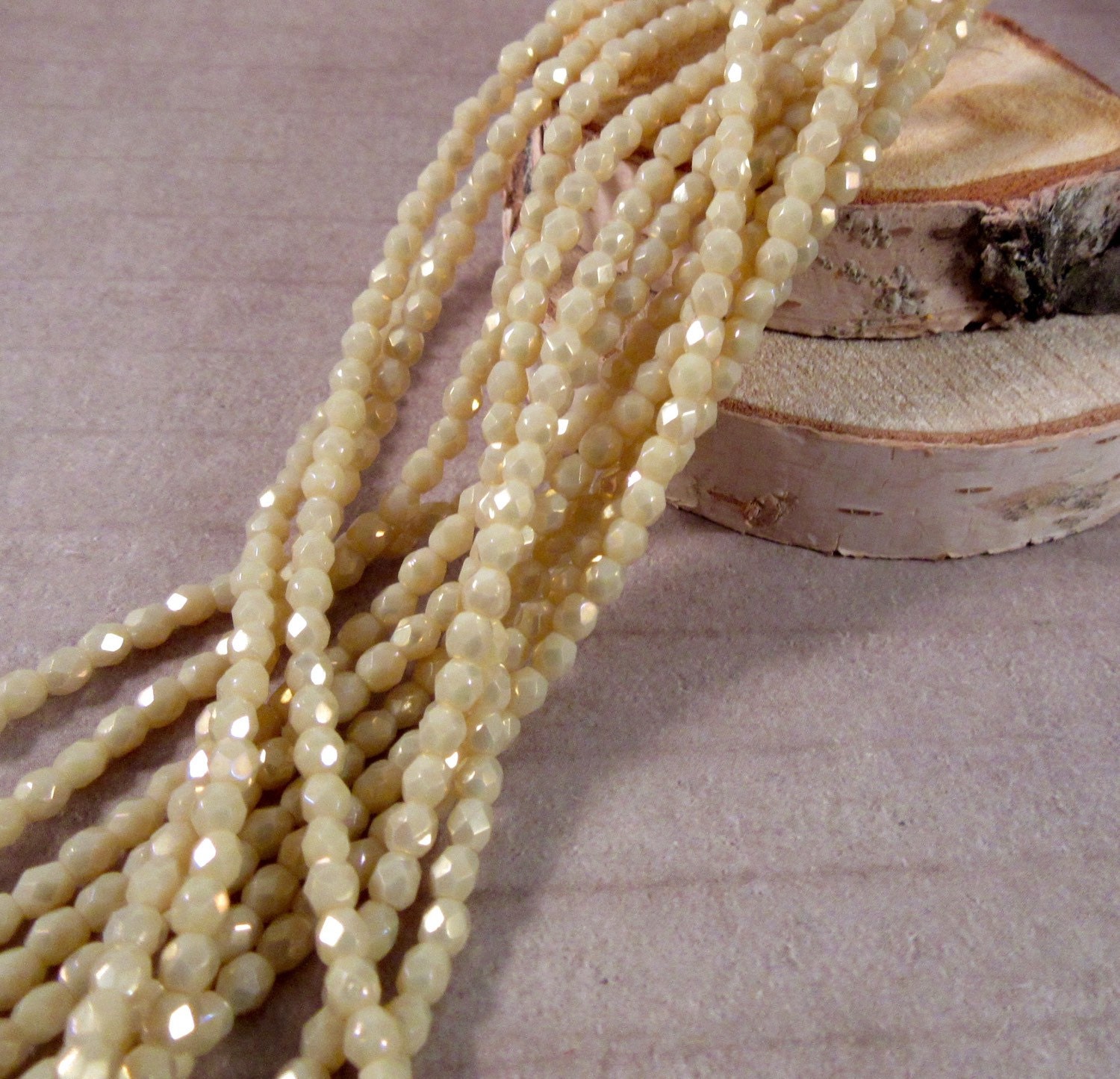 Vanilla Rounds VANILLA BITS 3mm Opaque Luster Champagne Firepolish Czech Glass Faceted ...