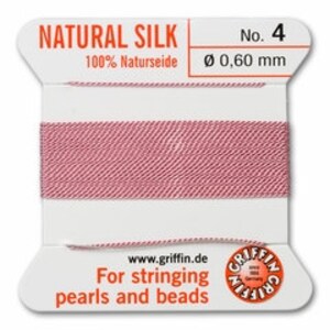 May include: A spool of natural silk thread, color number 4, with a diameter of 0.60 mm. The label reads "NATURAL SILK" and "For stringing pearls and beads". The thread is a light red color, wound around a white spool.