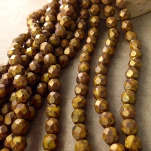 BUTTER TOFFEE 6mm Firepolish Opaque Yellow Copper Picasso Czech Glass Faceted Rounds - Amber Mustard Brown Earthy Rustic - Qty 25 (6-074)