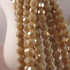 BEURRE NOISETTE 6mm Luster Iris Antique Beige Firepolish Czech Glass Faceted Round Beads - Offwhite Beige Champagne Gold Tan - Qty 25 6-031
