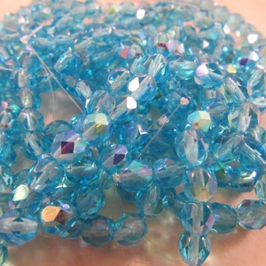 AQUAMARINE BOREALIS 6mm AB Aquamarine Firepolish Faceted Round Czech Glass Beads - Aquamarine Aurora Borealis Aqua Blue - Qty 25 (6-002)