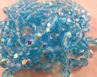 AQUAMARINE BOREALIS 6mm AB Aquamarine Firepolish Faceted Round Czech Glass Beads - Aquamarine Aurora Borealis Aqua Blue - Qty 25 (6-002)