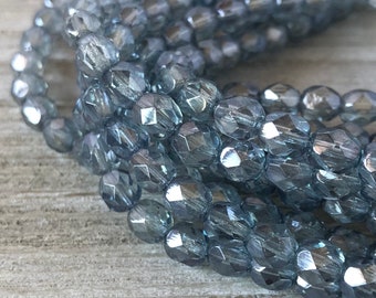 A LIL BLUE 6mm Firepolish Luster Transparent Blue Czech Glass Faceted Rounds - 6mm Luster Beads Slate Blue Crystal Beads - Qty 25 (6-199)