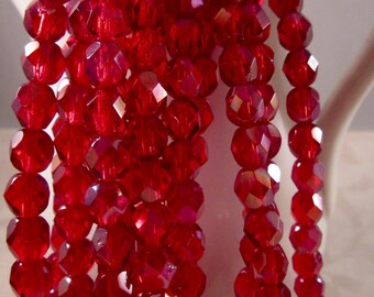 HOLLY DAWN 6mm Ruby Celsian Firepolish Czech Glass Faceted Rounds - Cranberry Ruby Red Holly Christmas Red - Qty 25 (6-126)
