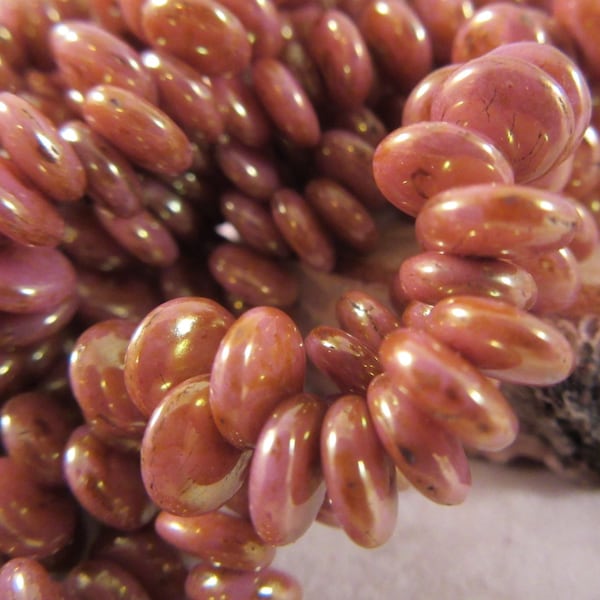 CHERRY PECAN LENTIL 6mm Luster Opaque Rose Gold Topaz Firepolish Czech Glass Lentil Beads - Single Hole - Gold Pink Amber - Qty 50 (L6-007)