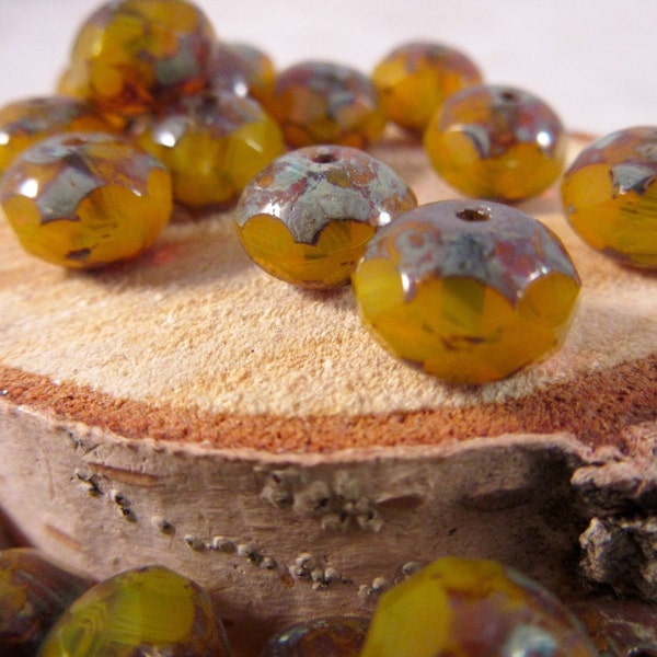 BUTTERSCOTCH PICASSO 6x8mm Mustard Yellow or Light Burnt Range Czech Glass Rondell - Earthy Rustic Donut Beads - Qty 20 (J-007)