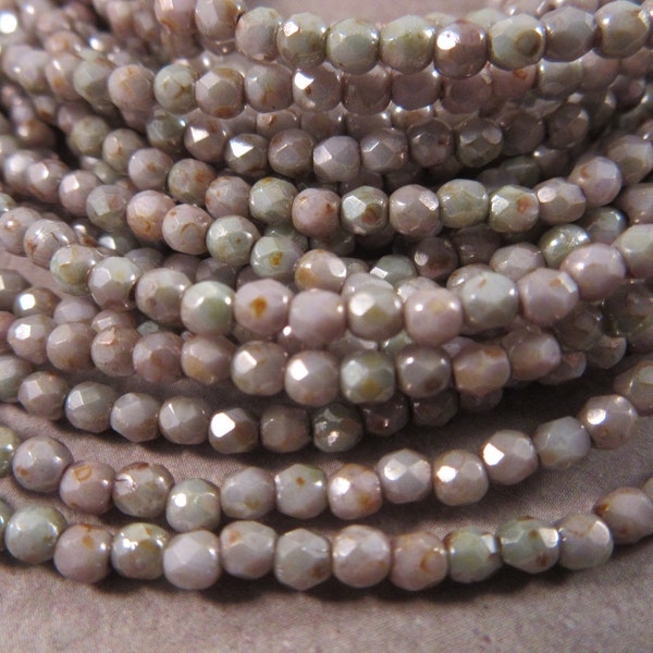 ULTRA TINY SAGEBERRY 2mm Opaque Ultra Luster Green Firepolish Faceted Round Czech Glass Beads - Earthy Sage Gray Beige Olive - Qty 50 2-049