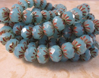 SKY 6x9mm Cornflower Blue Cruller Czech Glass Rondell - Sky Blue Light Blue Picasso Earthy Rustic - Qty 10 (RC-005)