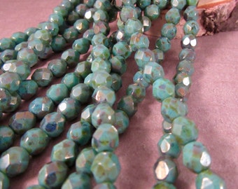 BRONZED SAGE 6mm Turquoise Bronze Picasso Firepolish Faceted Round Czech Glass Beads - Aqua Green Teal Earthy Rustic Beads - Qty 25 6-173