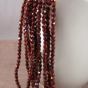 COPPER BOREALIS 3mm Firepolish Bronze Luster Iris in Opaque Red Czech Glass Faceted Rounds - Red Bronze Gold Rustic - Qty 50 (3-037)