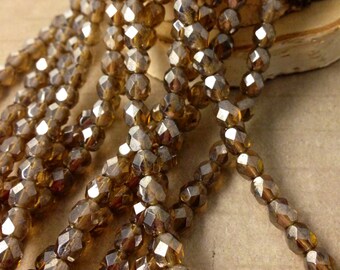 COFFEE LUSTER 6mm Firepolish Luster Smoky Topaz Czech Glass Faceted Rounds - Brown Earthy Rustic - Qty 25 (6-084)