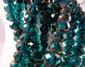 OZ CHARMS 4x6mm Copper Emerald Czech Glass Firepolish Rondell Bead - Emerald Pine Green Earthy Rustic - Qty 25 (D4/6-001)