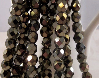 GOLD IRIS 6mm Iris Brown Firepolish Czech Glass Faceted Round Beads - Metallic Metal Olive Gold Brass - Qty 25 (6-159)
