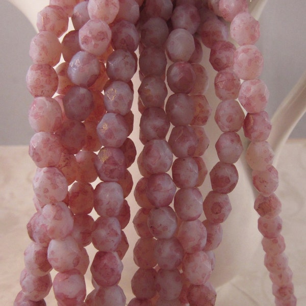 STONE PETALS 6mm Stone Picasso Marbled Pink Firepolish Czech Glass Faceted Round Beads - Lavender Purple Pink Lilac - Qty 25 (6-145)