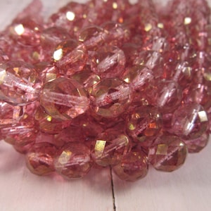 BLUSHING 10mm Luster Transparent Topaz Pink Firepolish Faceted Round Czech Glass Beads - Gold Pink - Qty 25 (10-169)