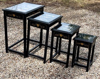 Set 4 Nesting Tables Chinoiserie Black Lacquer Soapstone Carved Figures *Shipping is NOT included. Ask us for cost to ship.*