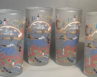 Set 4 Cape Cod Tumblers With Map & Landmarks Hand Applied Artwork 15oz All Mint