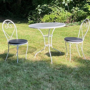 Vintage Wrought Iron Bistro Table & 2 Chairs With Scrolled Design