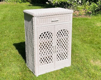 Boho Chic White Wicker Cabinet 2 Open Lattice Doors Drawer & 2 Shelves c1970 *Shipping is NOT included.  Ask for a quote.*