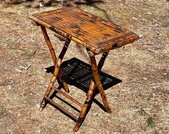 c1920 Burnt Bamboo Table Tortoise Pattern Folds Flat Shipping NOT included. Ask us for a UPS Quote.