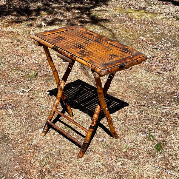 c1920 Burnt Bamboo Table Tortoise Pattern Folds Flat Shipping NOT included. Ask us for a UPS Quote.