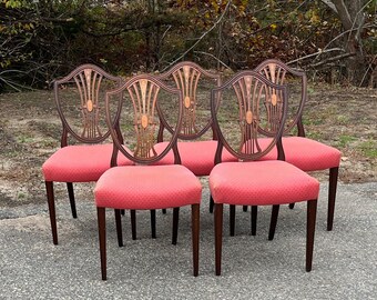 Set 5 Shield-back Dining Chairs Inlaid Splats Hepplewhite Style c1920. Shipping is NOT included. Ask for a quote.