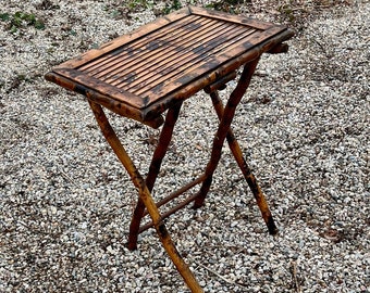 c1920 Burnt Bamboo Table Tortoise Pattern Folds Flat Shipping NOT included. Ask us for a UPS Quote.