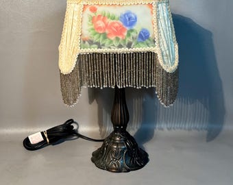 Meyda Tiffany Boudoir Lamp Glynda Turley Design Reverse Painted Beaded Fringe Shade
