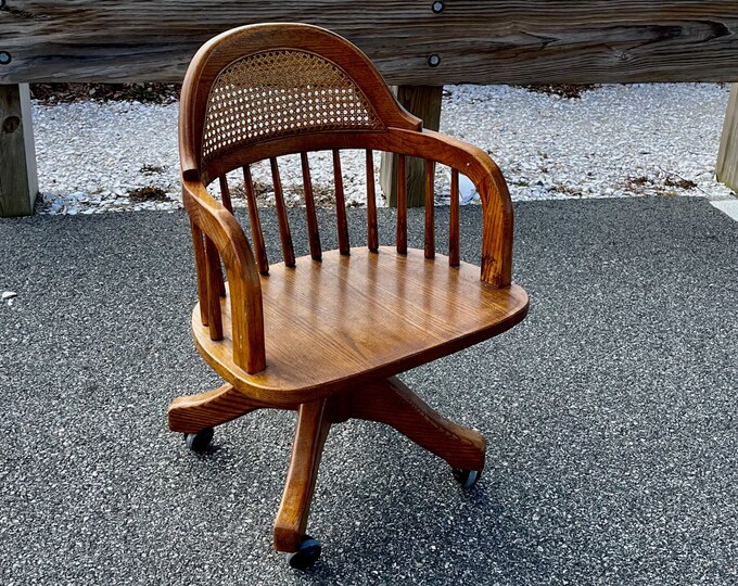 Solid Oak Office Chair Vintage Windsor Bankers Caned Back 13 Etsy