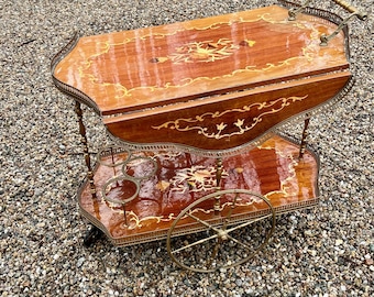 Italian Rolling Bar Cart Trolley Marquetry Wood Inlay Sides Fold Up Brass Galleries *Shipping is NOT included. Ask us for cost to ship.*