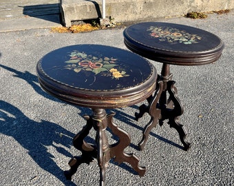 Pair Victorian Side Tables c1860 Hand Painted Floral Tops Pedestal Base 4 Legs Shipping is NOT included. Ask for quote.
