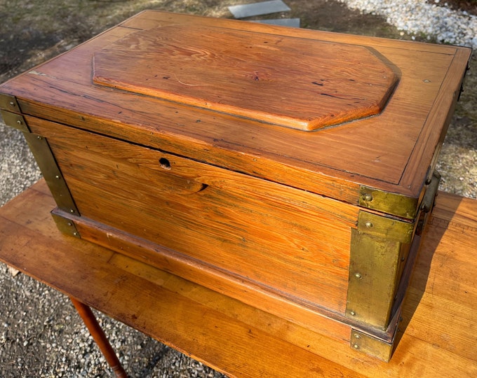 Primitive Captain's Chest C1850 Riveted Brass Corners Handles Handmade